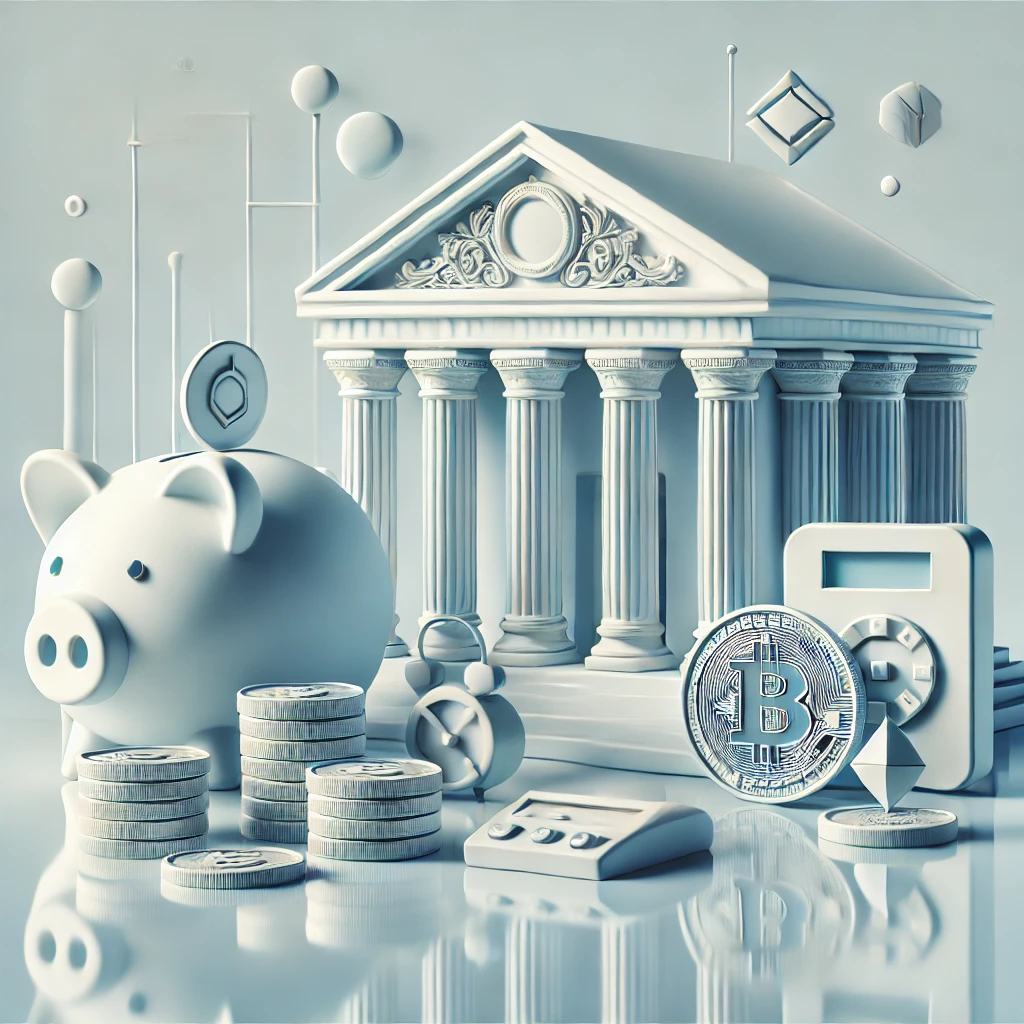Estrategias de inversión: Representación conceptual de finanzas modernas, incluyendo un banco clásico con columnas, un cerdito alcancía, monedas apiladas, un símbolo de Bitcoin y gráficos que simbolizan criptomonedas y tecnología financiera.