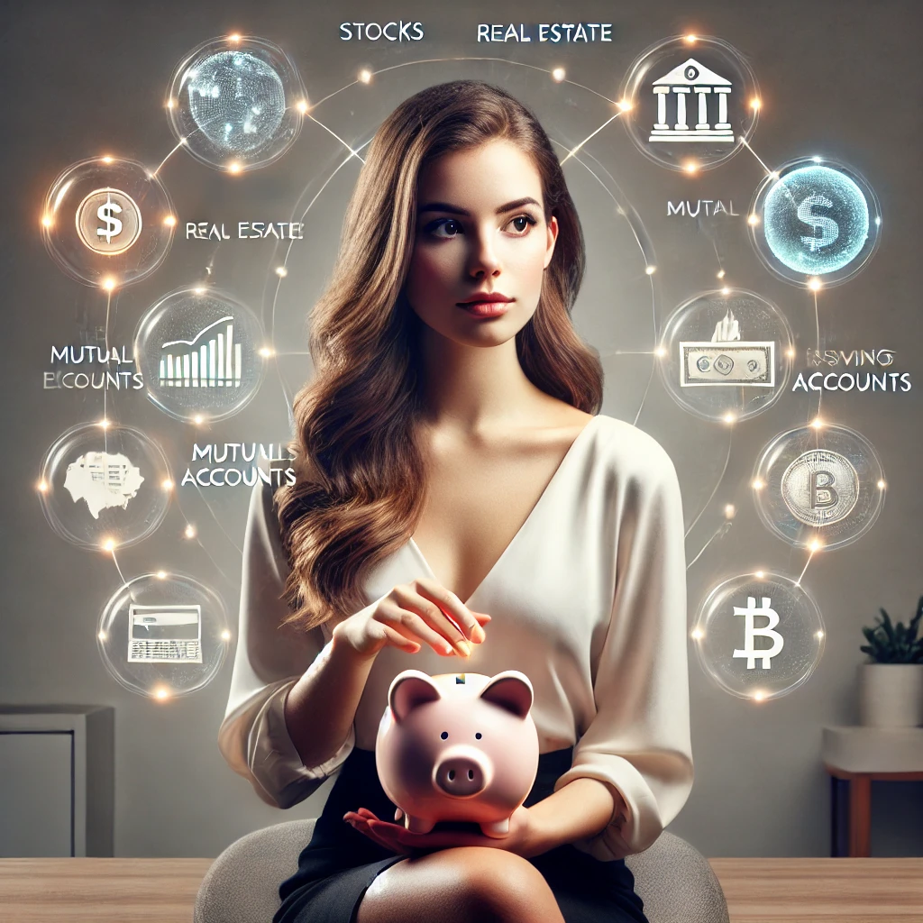 Finanzas personales, valoración de activos y estrategias de inversión: Mujer joven sosteniendo una hucha en forma de cerdito, rodeada de iconos relacionados con inversiones financieras como bienes raíces, acciones, cuentas de ahorro y criptomonedas.