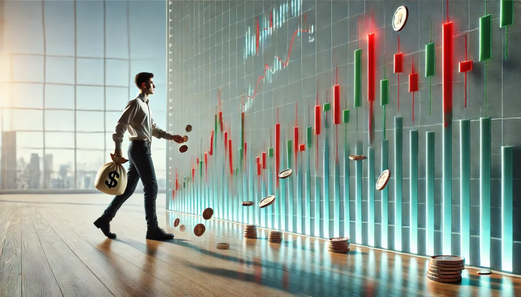 Finanzas personales, valoración de activos y estrategias de inversión: Hombre joven caminando frente a un gráfico financiero de velas y barras, sosteniendo un saco de dinero, con monedas cayendo a su alrededor en un entorno moderno y corporativo.