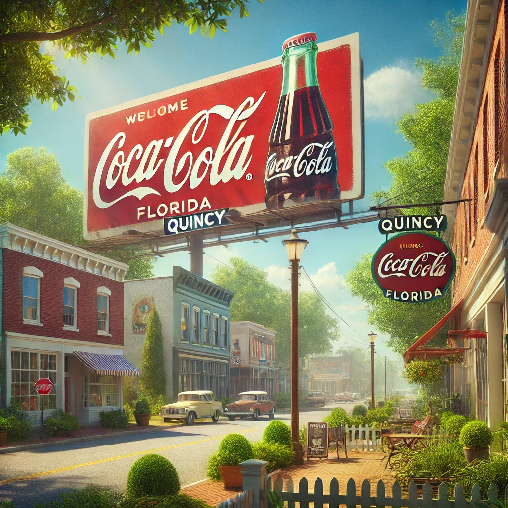Identificar empresas infravaloradas y sobrevaloradas: Una representación realista de Quincy, Florida, con un letrero clásico de Coca-Cola como elemento central. El escenario incluye un entorno de pueblo pequeño con fachadas encantadoras de tiendas, vegetación abundante y un cielo soleado. El letrero de Coca-Cola tiene un diseño retro de mediados del siglo XX, evocando una sensación de nostalgia y calidez comunitaria.