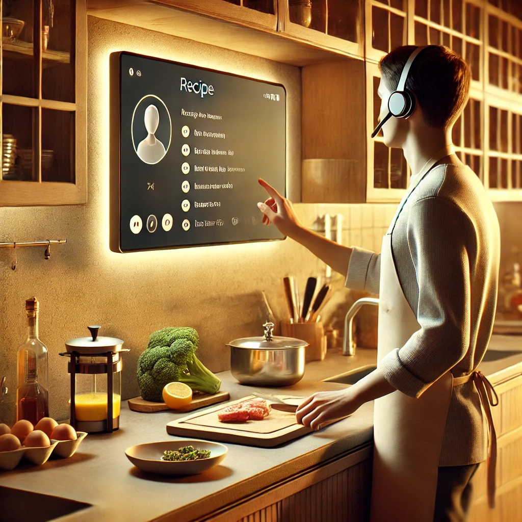 Tendencias tecnológicas en 2025: Persona cocinando en una cocina inteligente con una pantalla táctil que muestra recetas interactivas, representando la integración de tecnología en el hogar.