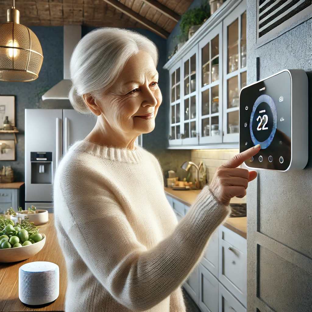 Tendencias tecnológicas en 2025: Mujer ajustando un termostato inteligente en una cocina moderna, representando el control de dispositivos IoT en un hogar conectado.