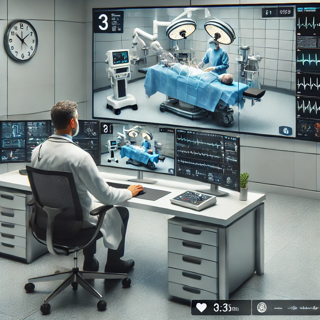 Tendencias tecnológicas en 2025: Cirujano controlando una operación quirúrgica robótica mediante pantallas y sistemas de telemedicina, representando avances en tecnología médica.