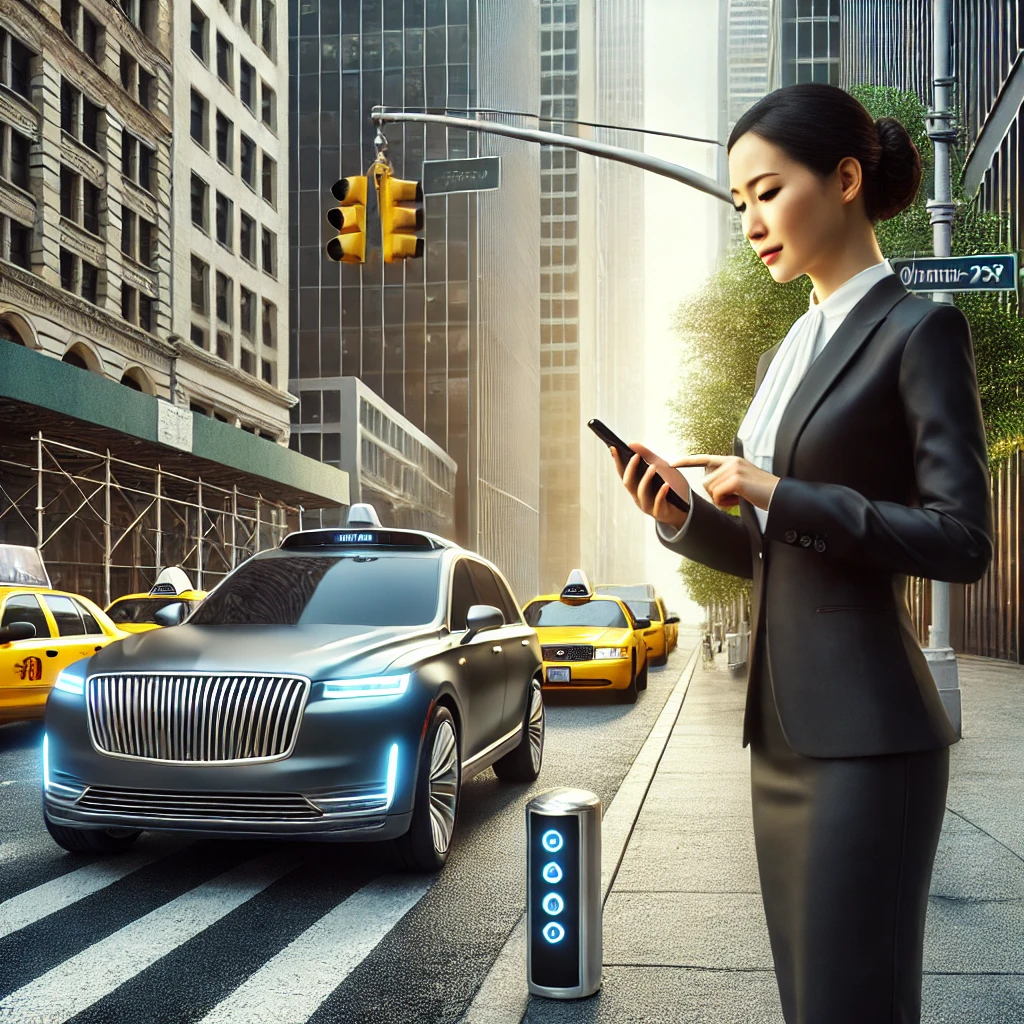 Tendencias tecnológicas en 2025: Mujer utilizando un smartphone para interactuar con un vehículo autónomo en una ciudad moderna, representando el futuro de la movilidad urbana con tecnologías inteligentes.