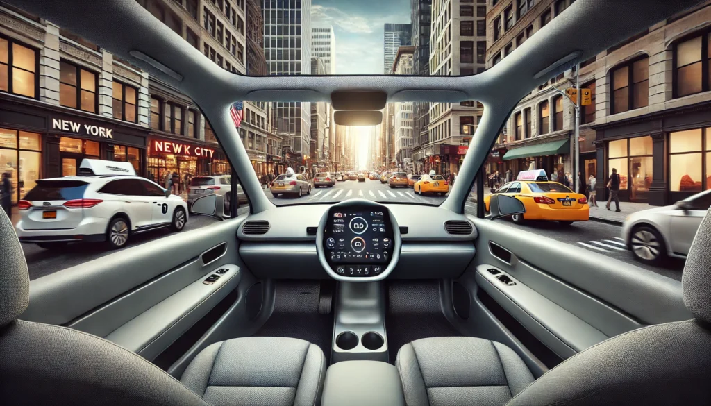 Análisis, comparativas y artículos sobre Tecnología: Vista desde el interior de un coche autónomo mostrando un tablero digital futurista y un paisaje urbano de Nueva York con tráfico de taxis y coches en una calle concurrida.