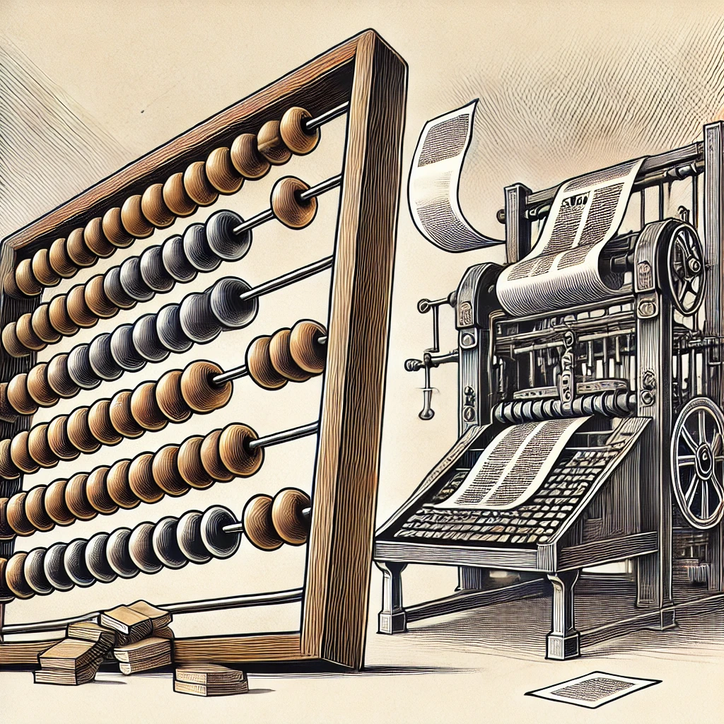 Mejores herramientas para tus finanzas en 2025: Ilustración digital que combina un ábaco antiguo y la imprenta de Gutenberg. El ábaco está a la izquierda con cuentas de madera en movimiento, representando herramientas financieras primitivas, mientras que la imprenta de Gutenberg a la derecha muestra hojas de papel procesándose, simbolizando la difusión del conocimiento. Fondo neutro con iluminación suave.