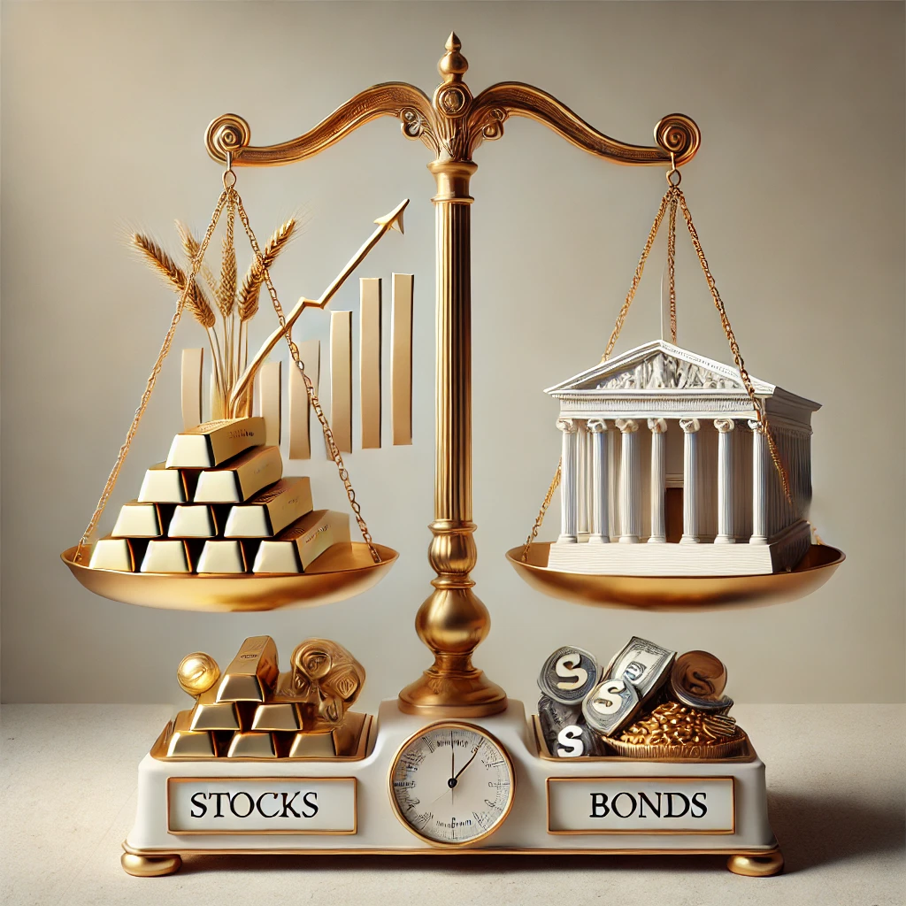 Cartera Todo Clima de Ray Dalio: Balanza sobria equilibrada con activos de inversión: en un platillo, acciones, lingotes de oro y trigo representando materias primas; en el otro, un edificio estatal simbolizando bonos y renta fija, con colores fríos y equilibrados que transmiten estabilidad financiera.
