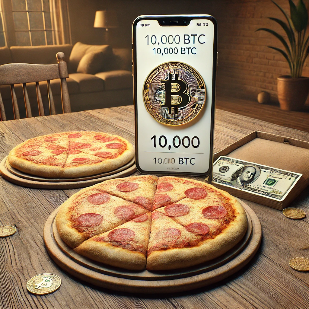 Explicación simple de criptomonedas y blockchain : Explicación simple de criptomonedas y blockchain : Imagen ultrarrealista de dos pizzas recién horneadas sobre una mesa de madera rústica, acompañadas por un teléfono móvil que muestra una billetera digital de Bitcoin, representando la icónica transacción de 10,000 BTC por dos pizzas en 2010.