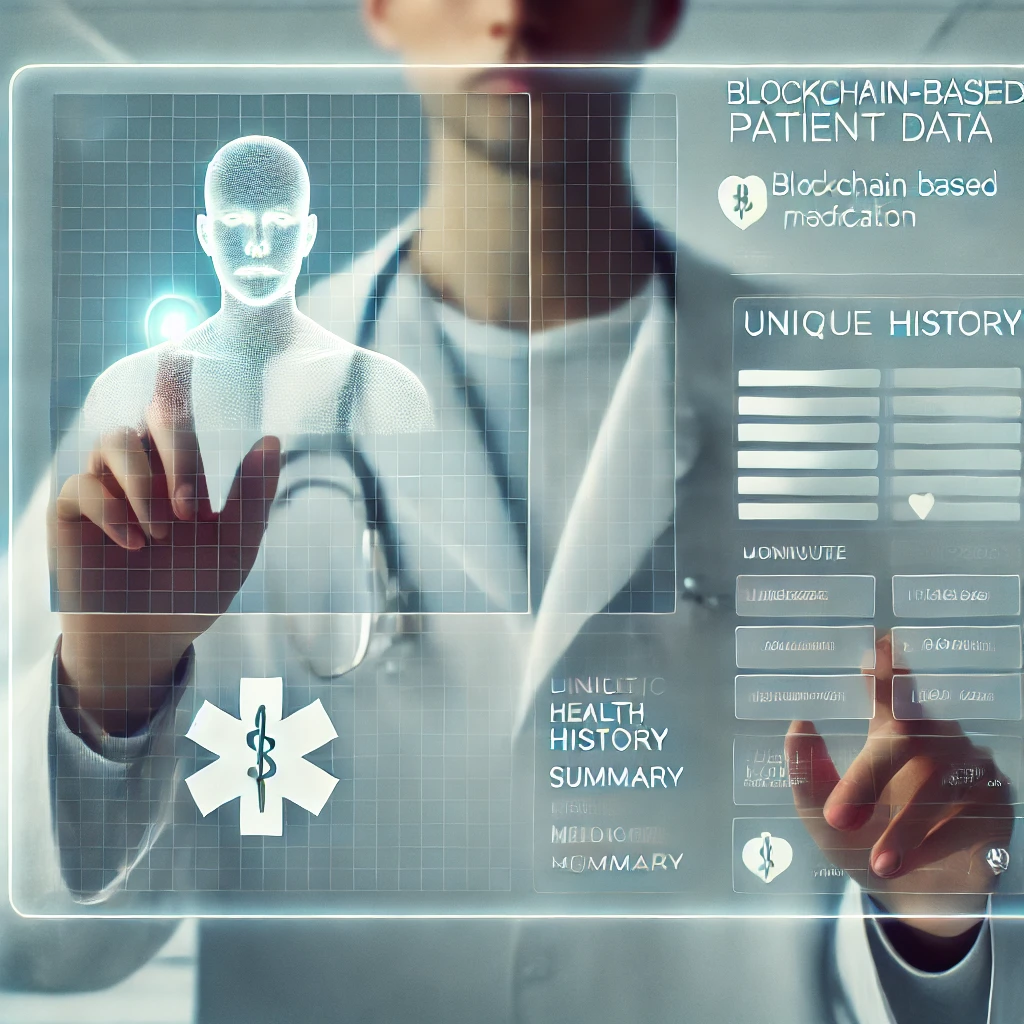 Explicación simple de criptomonedas y blockchain: Un entorno médico futurista con un médico interactuando con una pantalla transparente desde el punto de vista detrás de la pantalla. El médico, vestido con una bata blanca, aparece desde el cuello hacia abajo, manipulando datos minimalistas del blockchain, que incluyen un ID único, un resumen del historial médico y una lista de medicamentos. La interfaz es elegante y organizada, con un fondo moderno y limpio en tonos azules y blancos