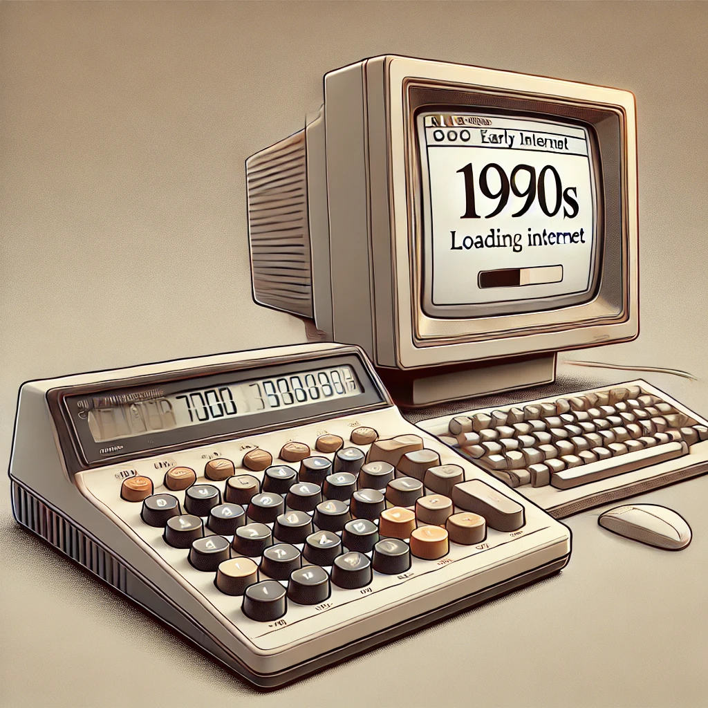 Mejores herramientas para tus finanzas en 2025: Ilustración digital de una calculadora electrónica de los años 70 con diseño retro y botones grandes, acompañada de un monitor de computadora de los años 90 mostrando un mensaje de '1990s Loading Internet'. Fondo neutral en tonos cálidos, representando la evolución de la tecnología financiera y digital.