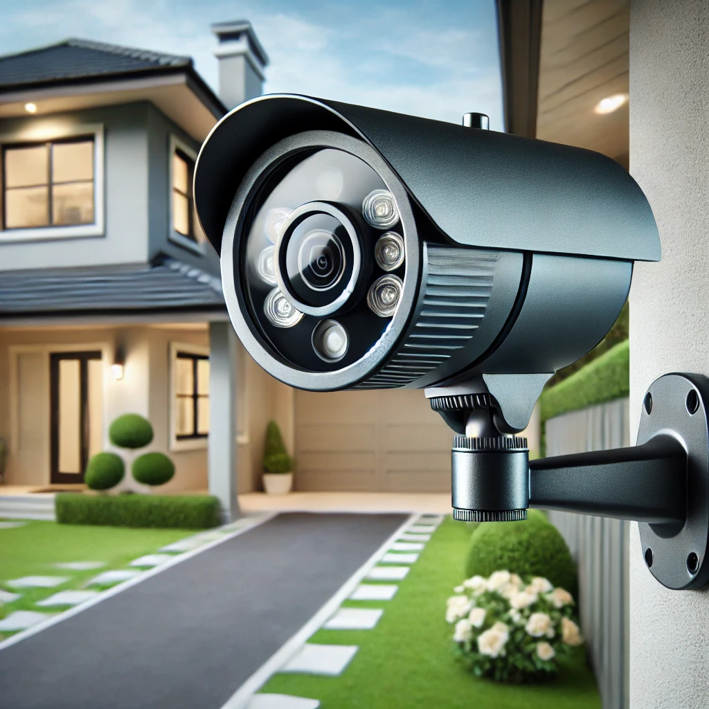 Gadgets innovadores en 2025: Cámara de vigilancia exterior moderna instalada en una casa residencial, mostrando un diseño sofisticado con un enfoque en la seguridad del hogar, capturando el jardín y la entrada de la vivienda.