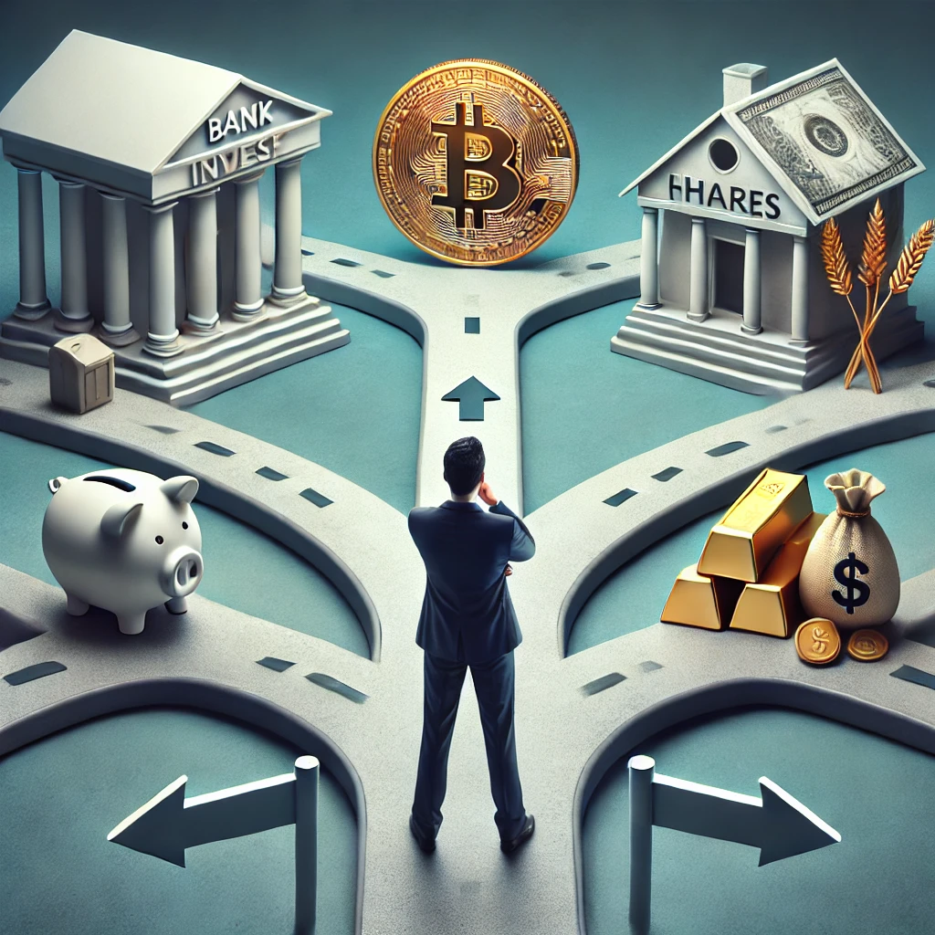 Inversión racional y consciente: Inversor de pie en un cruce de caminos, con representaciones simbólicas de opciones de inversión al fondo, como un banco, una moneda de bitcoin, lingotes de oro, una hucha, trigo y un saco de dinero.