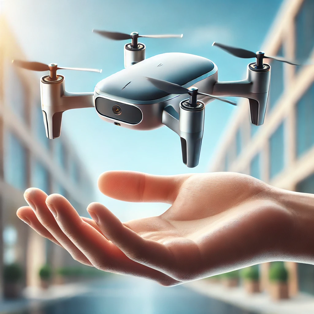 Gadgets innovadores en 2025: Pequeño dron portátil flotando sobre una mano abierta en un entorno urbano, mostrando su diseño compacto y elegante.