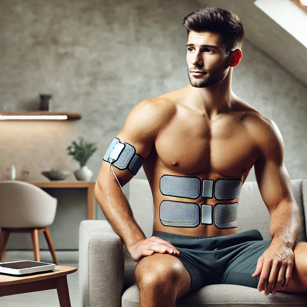 Gadgets innovadores en 2025: Hombre joven y en forma utilizando un estimulador muscular avanzado en su abdomen y brazo mientras se relaja en un entorno moderno y cómodo.