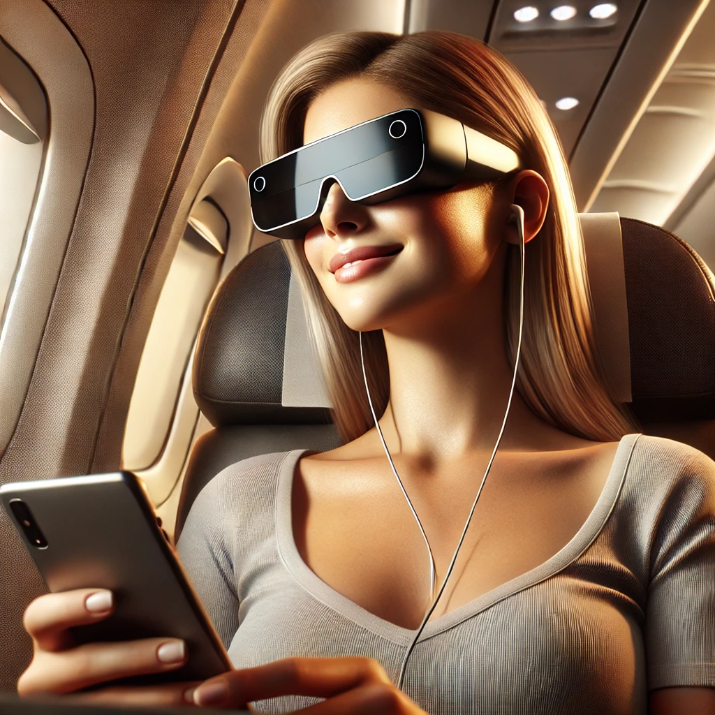 Gadgets innovadores en 2025: Mujer joven disfrutando de una película con gafas de realidad aumentada conectadas a un móvil durante un vuelo en avión.