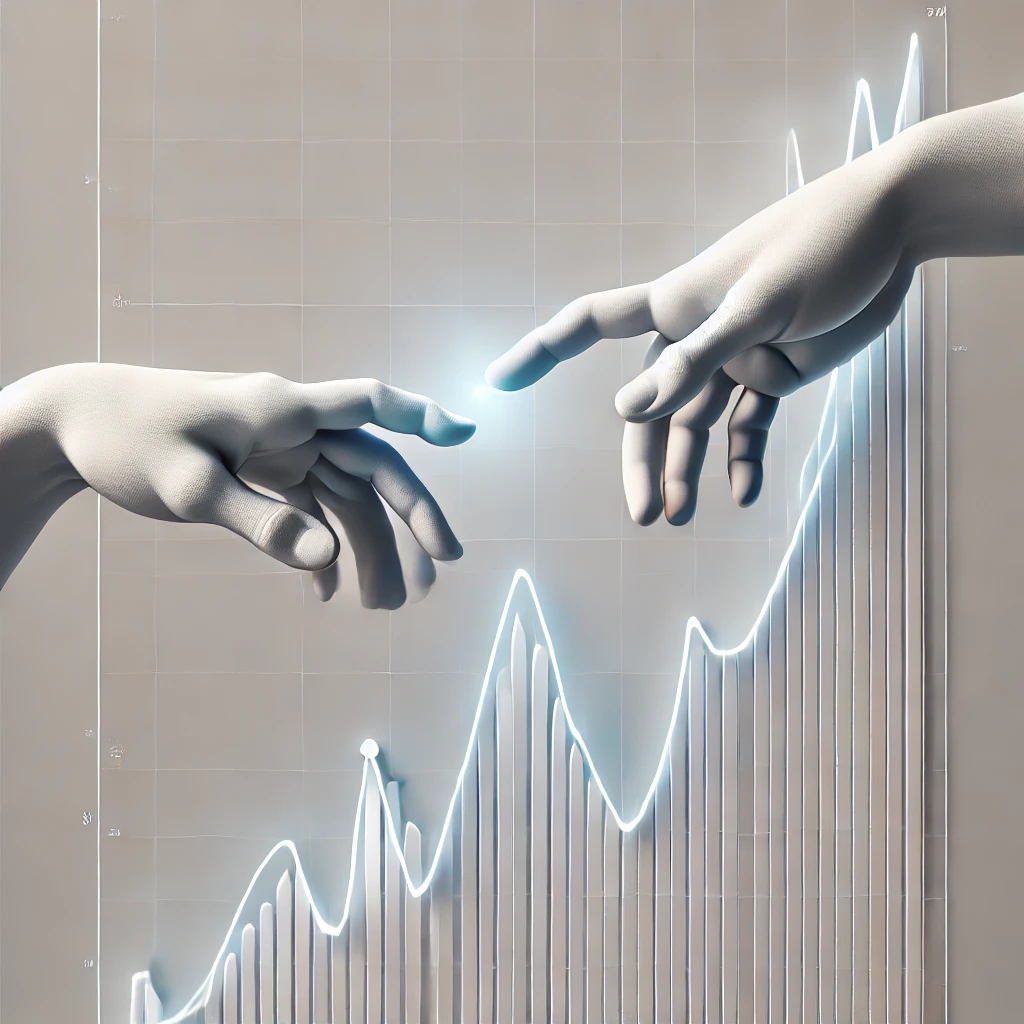 Controla tus emociones en el mercado financiero: Ilustración minimalista inspirada en ‘La Creación de Adán’ de Miguel Ángel, que muestra una mano divina extendiéndose hacia un gráfico de mercado bursátil volátil con subidas y bajadas pronunciadas. El diseño simboliza la omnisciencia, las dinámicas del mercado y los desafíos emocionales de invertir.