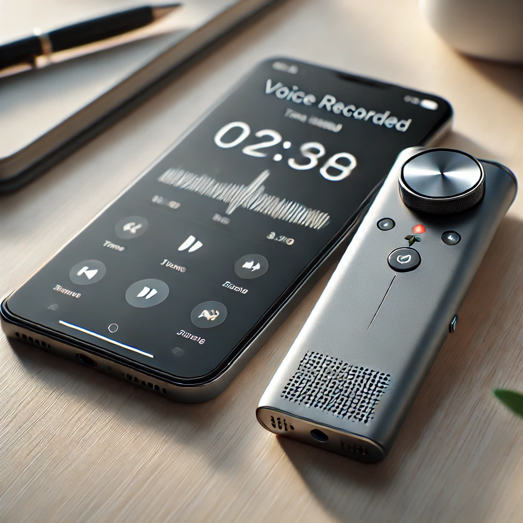 Gadgets innovadores en 2025: Grabadora de voz inteligente y portátil conectada a un smartphone, mostrando una interfaz moderna con controles de reproducción y tiempo de grabación