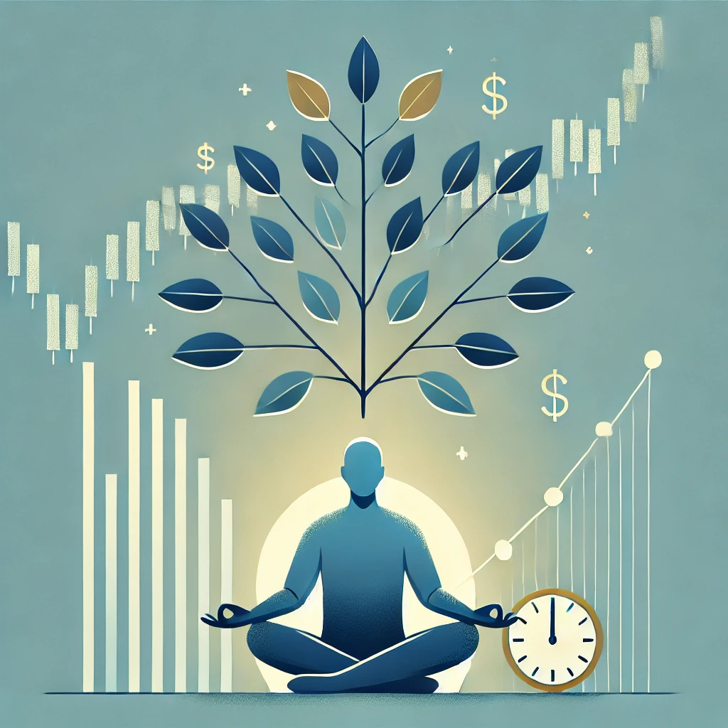 Controla tus emociones en el mercado financiero: Ilustración minimalista de un inversor paciente, que muestra una figura tranquila meditando bajo un árbol en crecimiento con hojas en forma de gráficos de mercado bursátil. Un reloj sutil en el fondo simboliza la paciencia y las estrategias de inversión a largo plazo. El diseño transmite calma, resiliencia emocional y crecimiento constante.