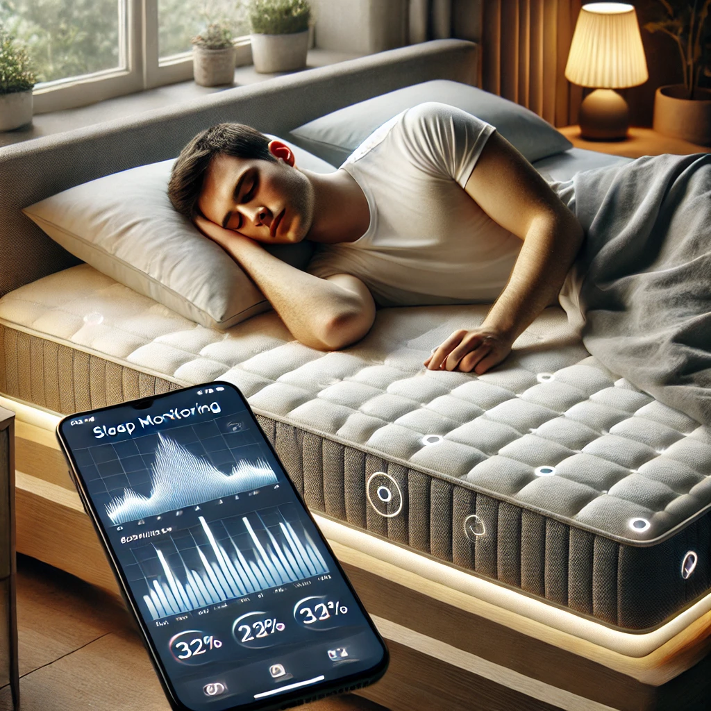 Gadgets innovadores en 2025: Hombre joven durmiendo plácidamente en un colchón inteligente, con un smartphone mostrando gráficos detallados de monitorización del sueño. El ambiente es cálido y acogedor, con luz natural y decoraciones minimalistas.