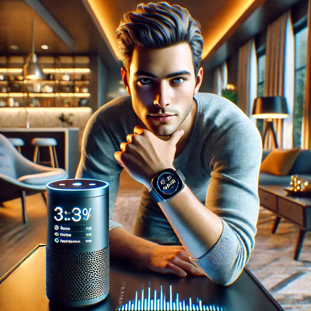 Mejores herramientas para tus finanzas en 2025: Imagen hiperrealista de un hombre joven en un entorno moderno y tecnológico, interactuando con un asistente virtual inteligente y llevando un smartwatch que muestra métricas financieras. El fondo presenta una sala elegante con iluminación cálida y detalles de diseño contemporáneo, destacando un estilo de vida conectado y avanzado.