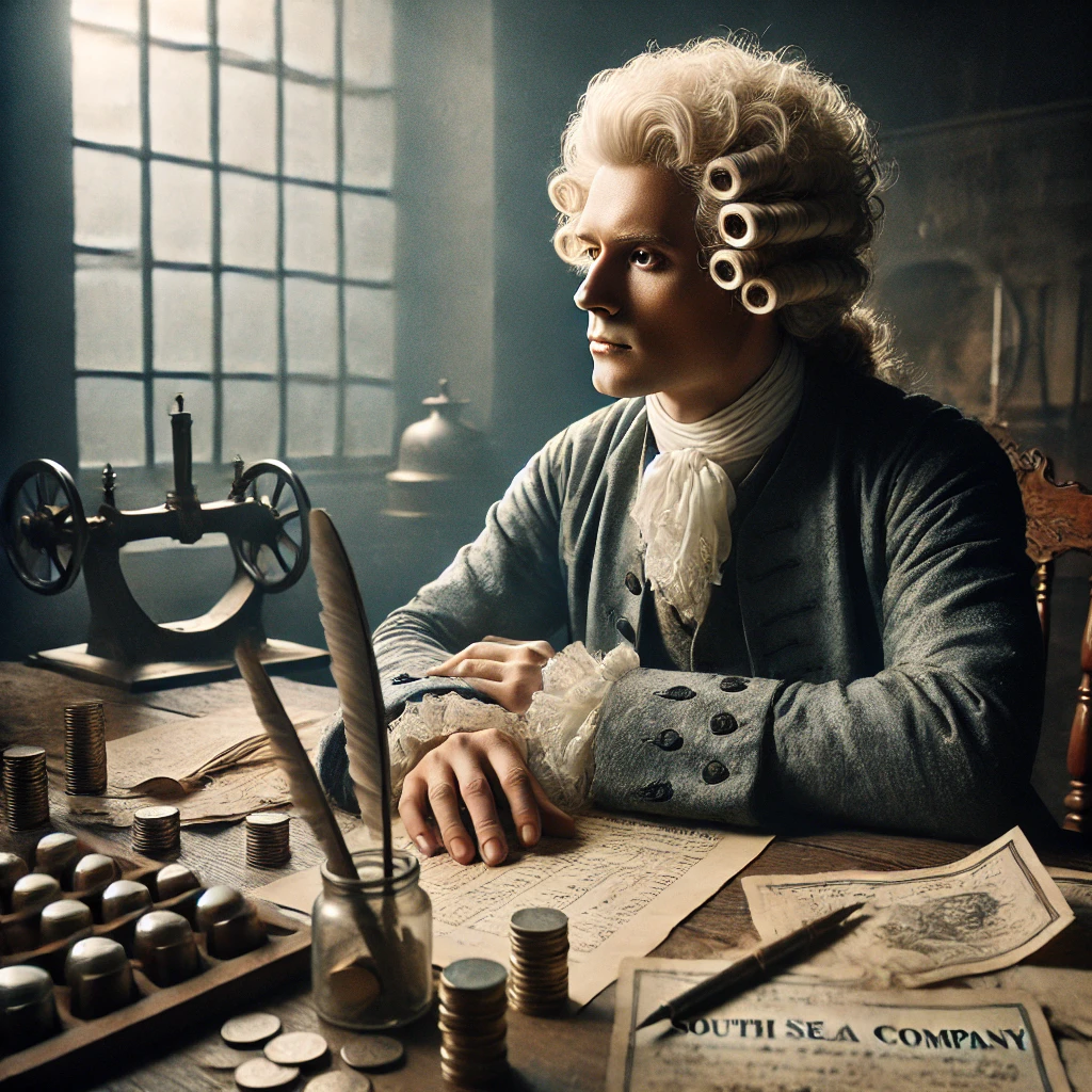 Cartera Todo Clima de Ray Dalio: Representación artística de Sir Isaac Newton, en un escritorio con símbolos de inversiones y mapas antiguos, ilustrando su famosa inversión en la Compañía de los Mares del Sur