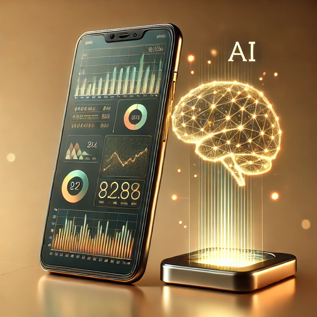 Mejores herramientas para tus finanzas en 2025: Ilustración moderna de un smartphone con métricas financieras en pantalla junto a un holograma de inteligencia artificial en tonos verdes y dorados, representando innovación tecnológica. Fondo con gradientes cálidos en beige y ámbar, destacando elegancia y sofisticación.