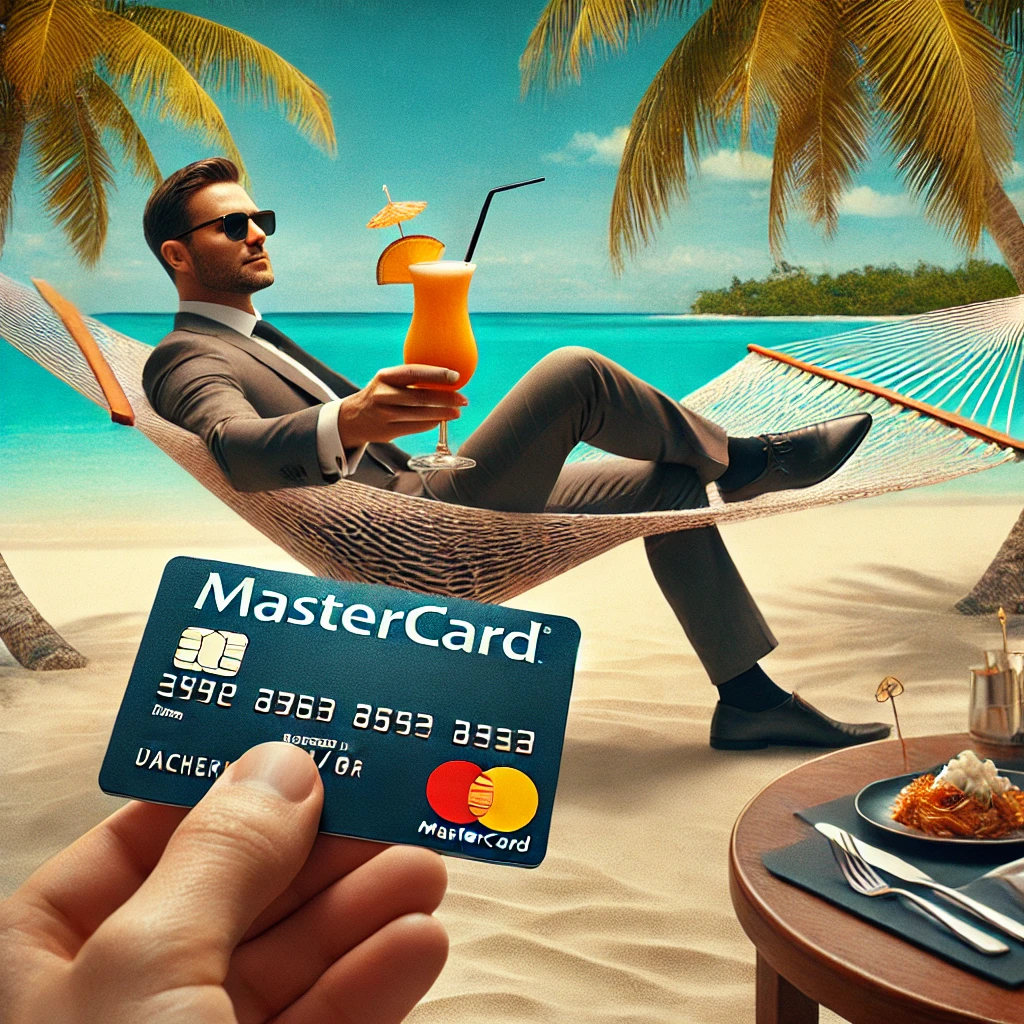 Mejores herramientas para tus finanzas en 2025: Imagen de un ejecutivo relajándose en una hamaca en una playa paradisíaca, sosteniendo un cóctel tropical. En primer plano, una mano sostiene una tarjeta Mastercard, destacando su uso para pagar en un entorno de lujo. Fondo con arena blanca, palmeras y aguas cristalinas, transmitiendo comodidad y sofisticación.