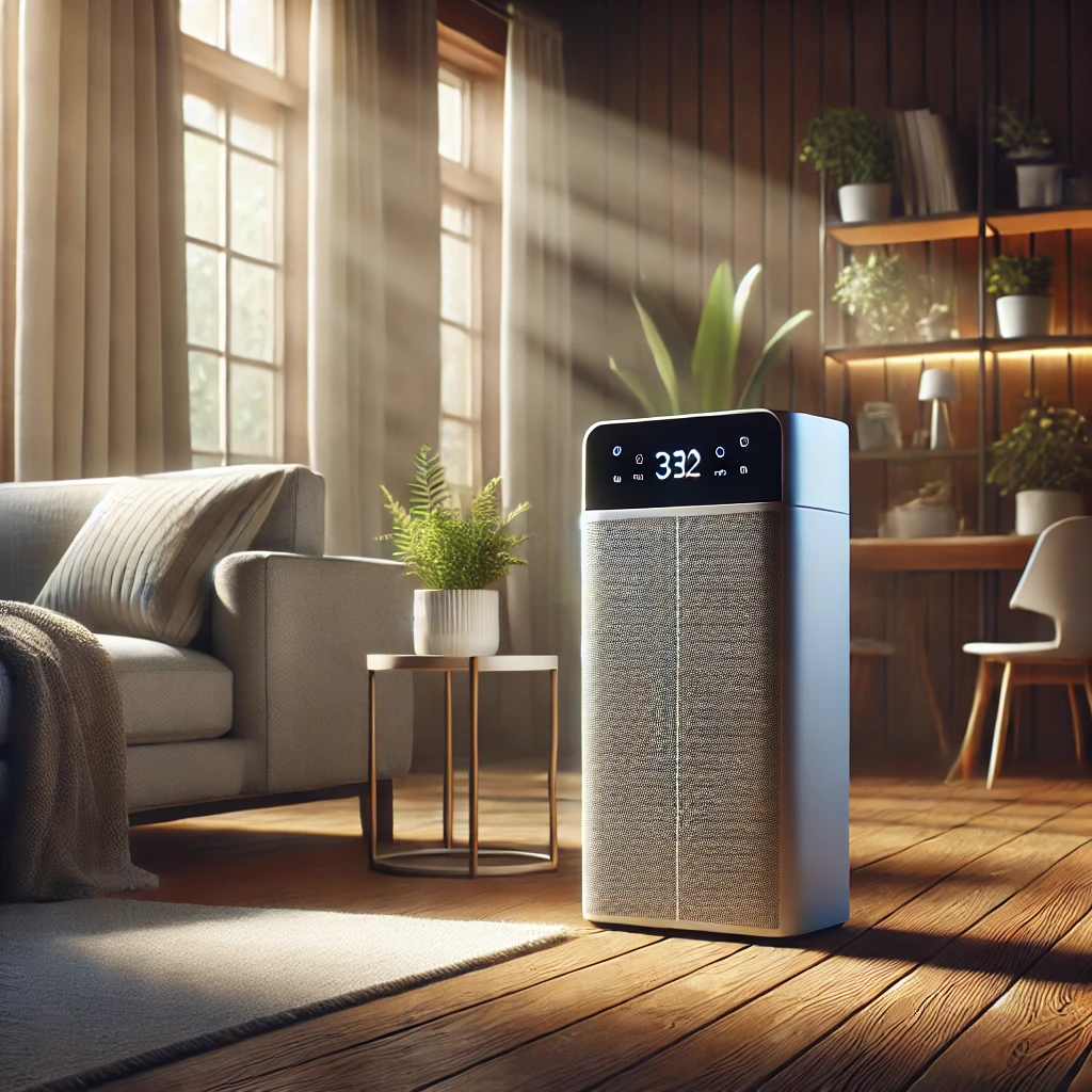 Gadgets innovadores en 2025: Purificador de aire moderno en una sala de estar luminosa y acogedora, con luz natural filtrándose por grandes ventanas y decoraciones como plantas y muebles de madera, creando un ambiente fresco y saludable.