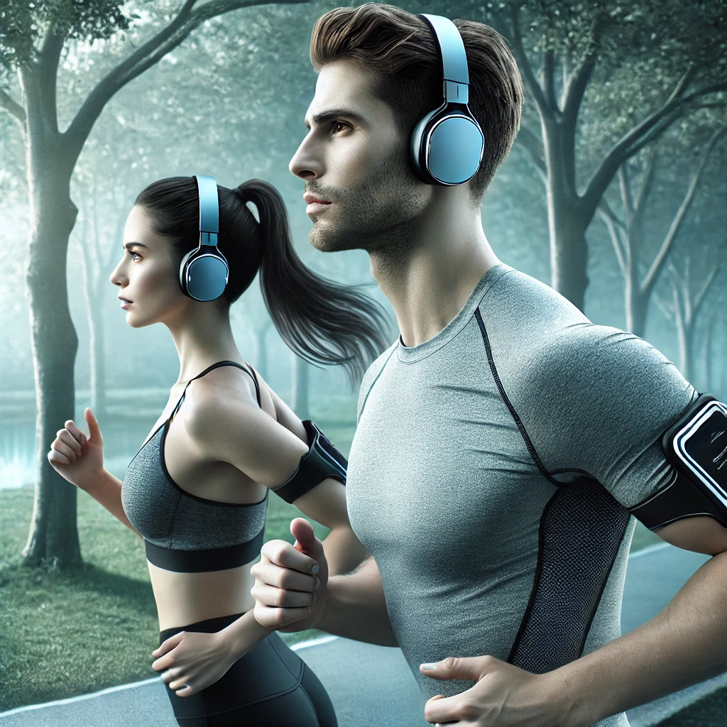 Gadgets innovadores en 2025: Pareja joven corriendo al aire libre en un parque mientras usan auriculares deportivos para escuchar música.