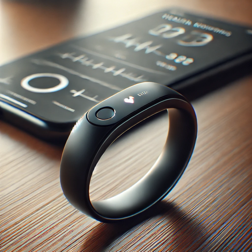 Gadgets innovadores en 2025: Primer plano de un anillo inteligente de diseño minimalista para monitorización de salud, junto a un smartphone mostrando datos de actividad y ritmo cardíaco en una interfaz moderna