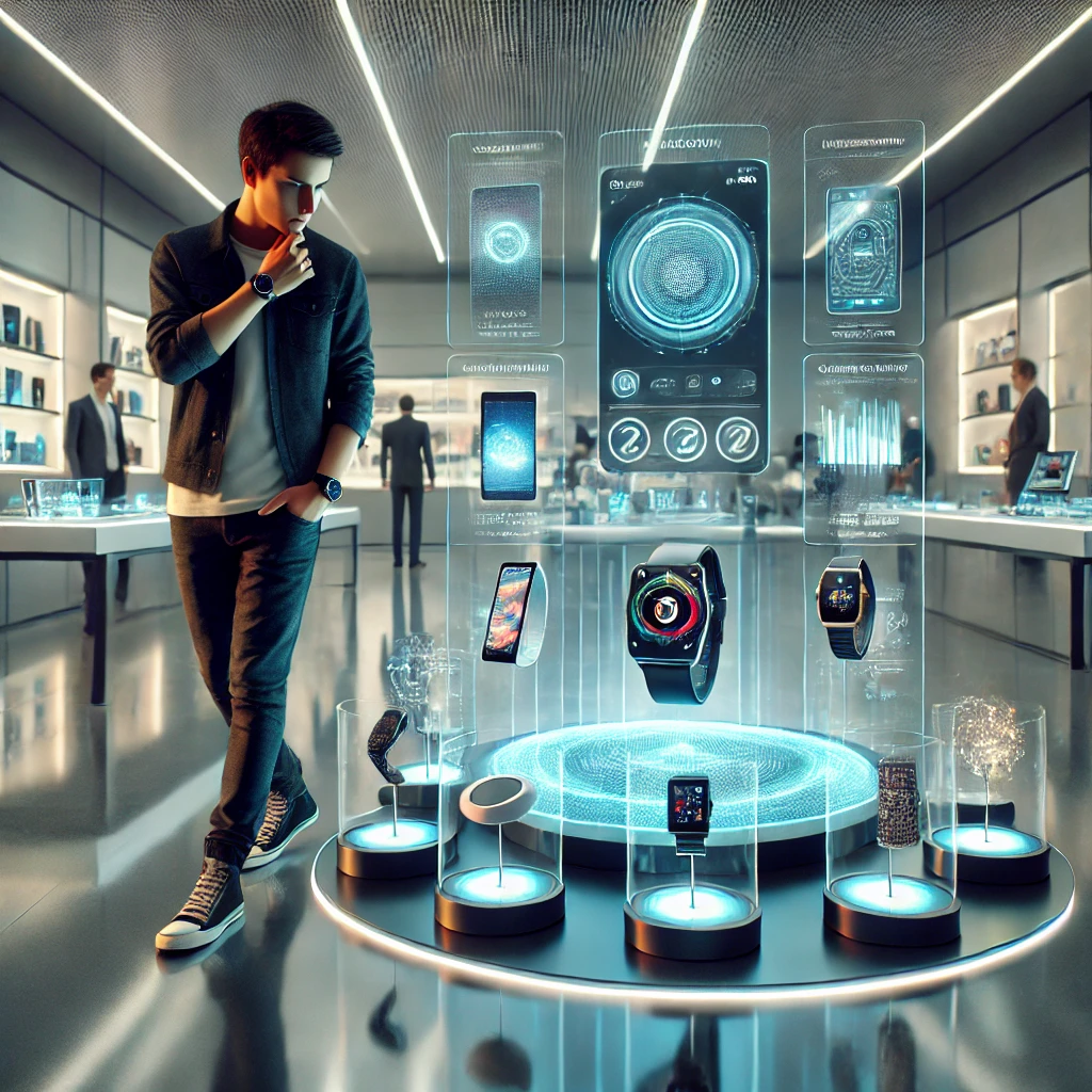 Análisis, comparativas y artículos sobre Tecnología: Hombre joven explorando una tienda futurista de tecnología, rodeado de hologramas interactivos que muestran gadgets como relojes inteligentes, teléfonos y dispositivos electrónicos en un ambiente moderno e innovador.