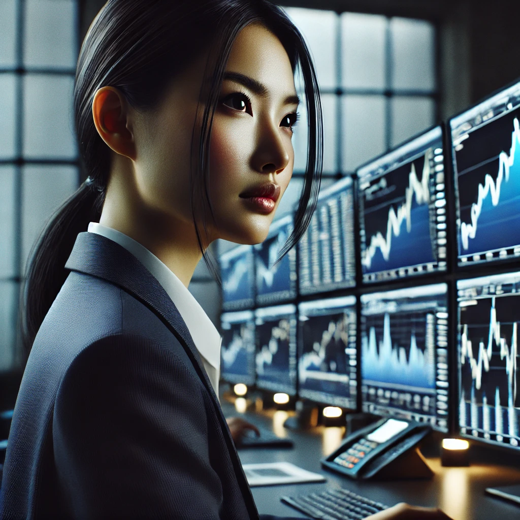 Mejores herramientas para tus finanzas en 2025: Imagen hiperrealista de una inversora asiática en un entorno profesional de trading, rodeada de múltiples pantallas que muestran gráficos financieros y datos del mercado en tiempo real. Lleva un traje elegante y muestra una expresión concentrada y decidida, destacando su papel como experta en el mundo financiero.