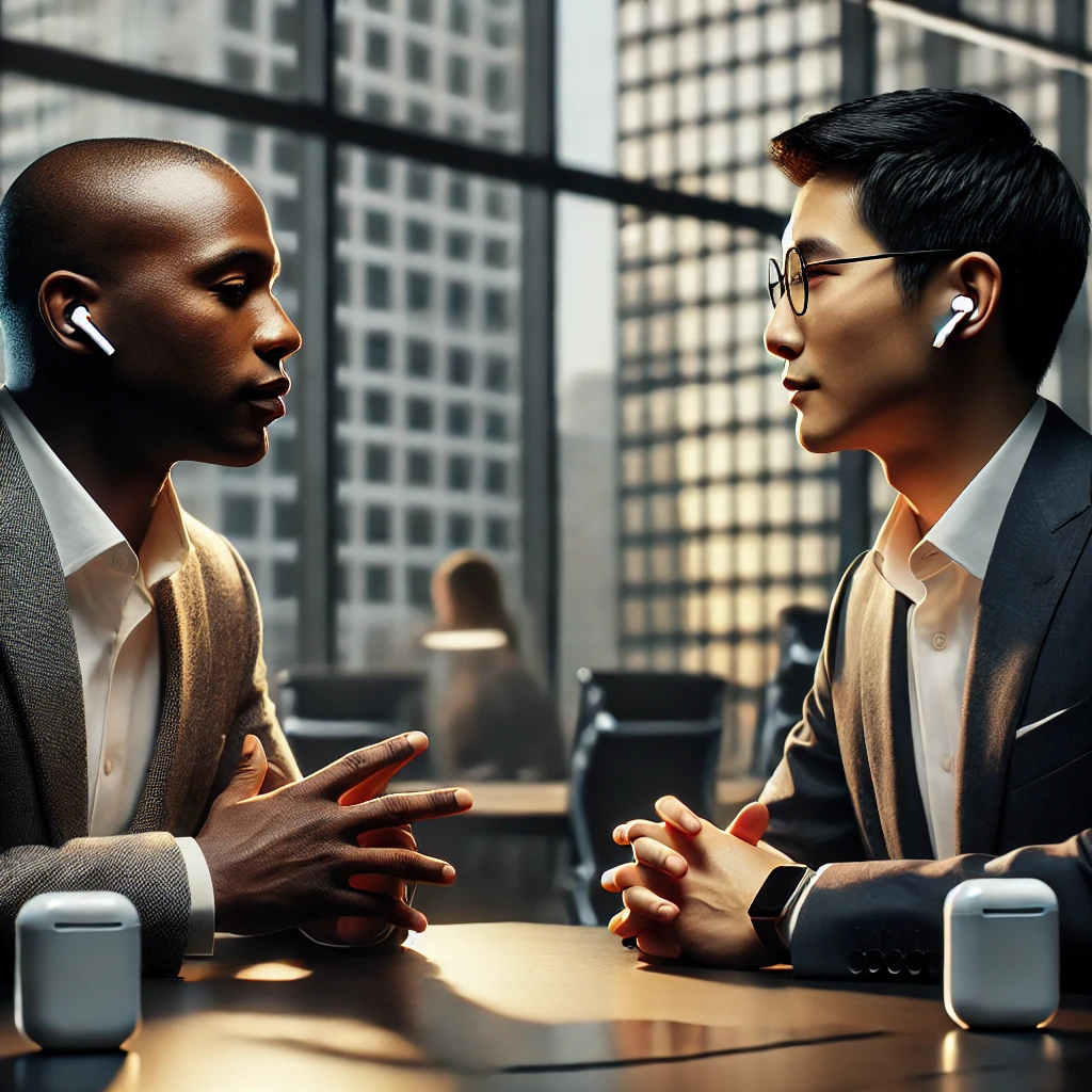 Gadgets innovadores en 2025: Dos ejecutivos en una sala de reuniones moderna con grandes ventanales, utilizando auriculares inalámbricos para traducir en tiempo real durante una conversación profesional, destacando la tecnología avanzada en comunicación.