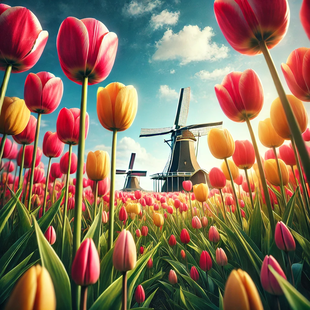 Identificar empresas infravaloradas y sobrevaloradas: Una fotografía realista de un campo de tulipanes en Holanda, capturada desde una perspectiva baja. Los tulipanes en primer plano tienen colores vivos como rojo, amarillo y rosa, con detalles nítidos en los pétalos y tallos. Al fondo, ligeramente desenfocados, se ven molinos de viento tradicionales bajo un cielo azul brillante con algunas nubes blancas esponjosas.