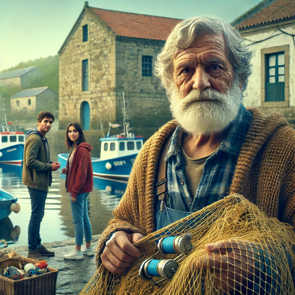 Inversión racional y consciente: Un anciano pescador con barba blanca sostiene una red de pesca en un pequeño puerto costero, con barcos pesqueros de fondo y dos jóvenes observándolo con curiosidad. El ambiente refleja tranquilidad y sabiduría, evocando una escena de vida tradicional y enseñanzas atemporales.