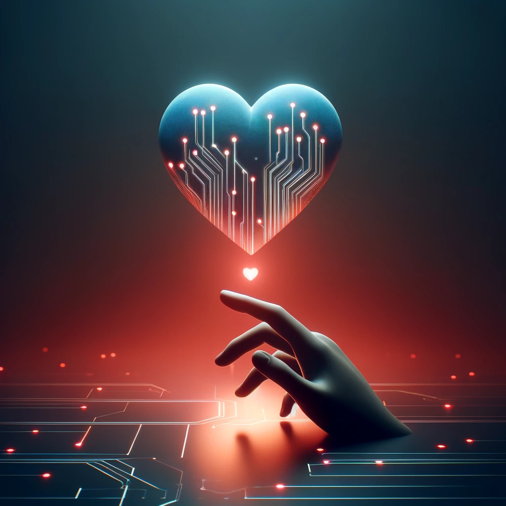 Amenazas de la inteligencia artificial en la sociedad actual: Una imagen minimalista que representa el amor artificial y el deterioro de las relaciones humanas. Una mano humana se extiende hacia un corazón digital brillante con patrones de circuitos, simbolizando la inteligencia artificial y las emociones sintéticas. El fondo presenta suaves degradados en tonos rojos y azules, creando una atmósfera futurista y melancólica.