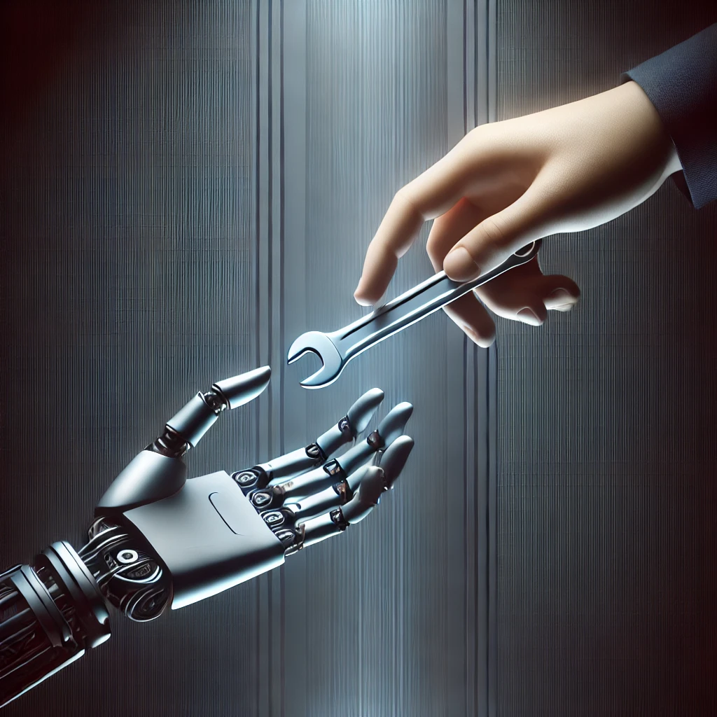Amenazas de la inteligencia artificial en la sociedad actual: Una imagen minimalista que representa la amenaza laboral de la inteligencia artificial. Una mano robótica y una mano humana intercambian una llave inglesa, simbolizando la transición del trabajo manual a la automatización. El fondo es elegante y oscuro con sutiles degradados, enfatizando un tono futurista y profesional.