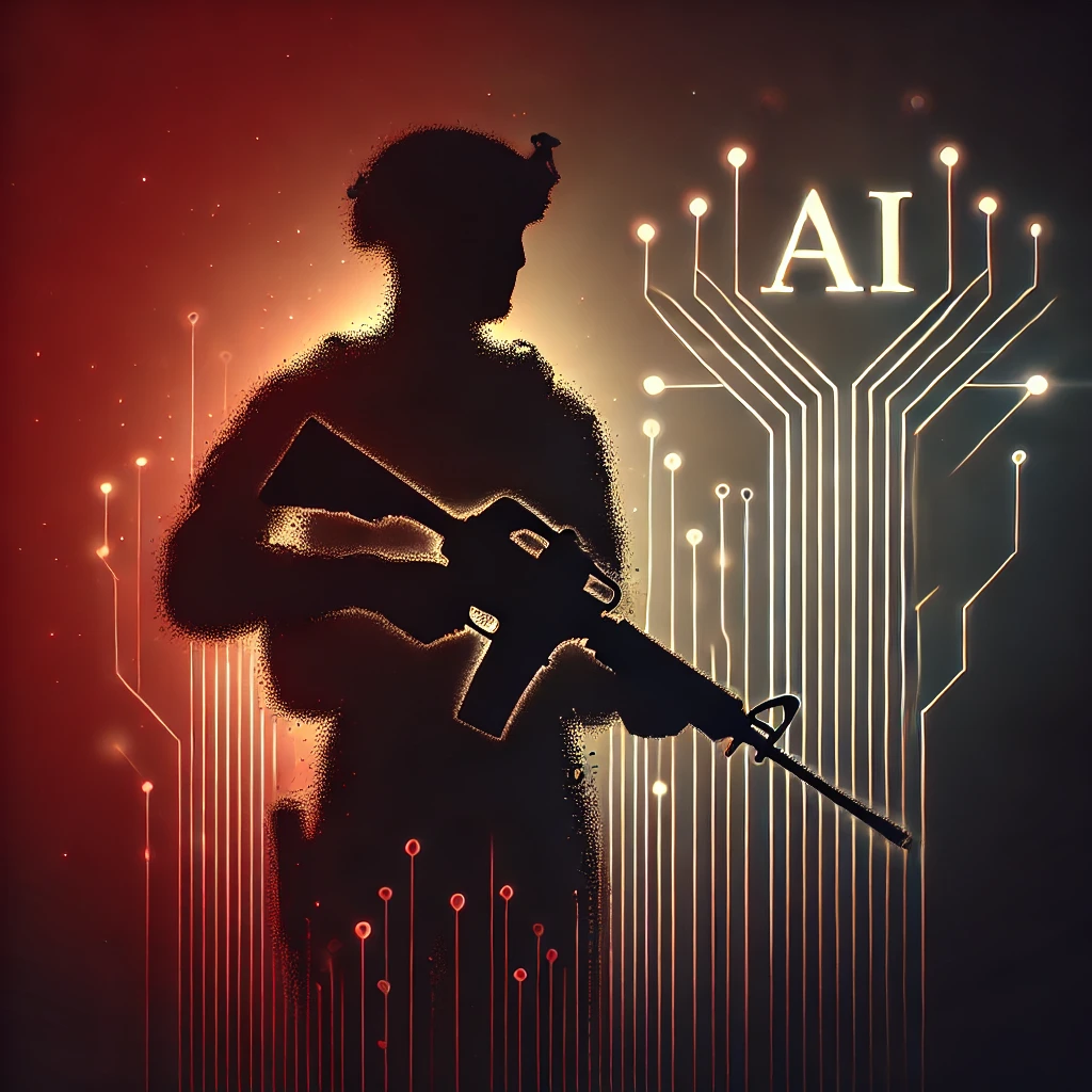 Amenazas de la inteligencia artificial en la sociedad actual: Una imagen minimalista que representa la presencia de la inteligencia artificial en el campo de batalla. La silueta de un soldado robótico sosteniendo un arma se alza sobre un fondo oscuro con patrones digitales brillantes, simbolizando la IA. Sutiles degradados en tonos rojos y negros crean una atmósfera dramática e intensa.