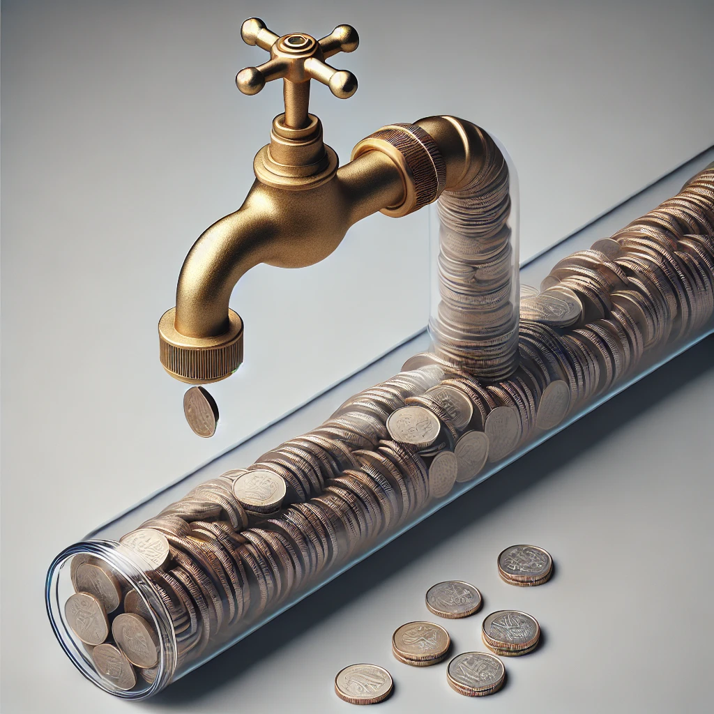 Inflación, impuestos y comisiones son los depredadores de tu dinero.: Grifo dorado goteando monedas hacia un tubo transparente lleno de monedas. Representación conceptual del flujo de dinero y la pérdida gradual de valor financiero.