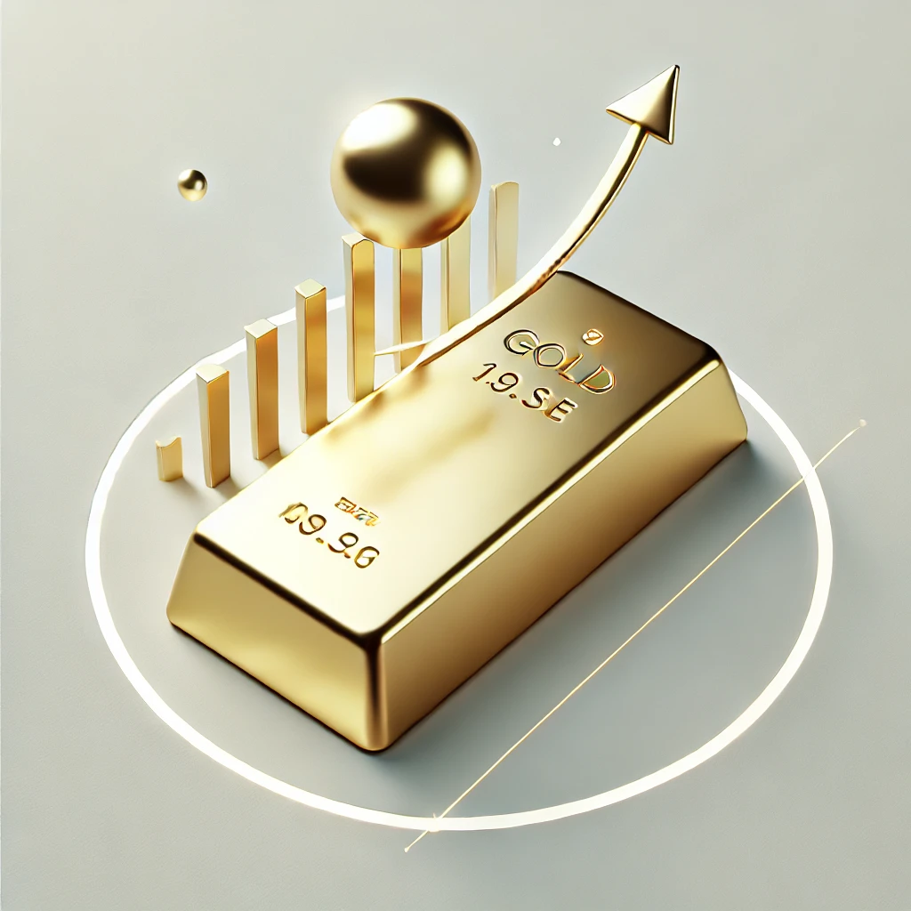Un lingote de oro brillante sobre un fondo minimalista, acompañado de un gráfico ascendente y elementos geométricos dorados que simbolizan crecimiento y estabilidad financiera. La imagen representa la inversión en oro como un activo sólido y de valor creciente.