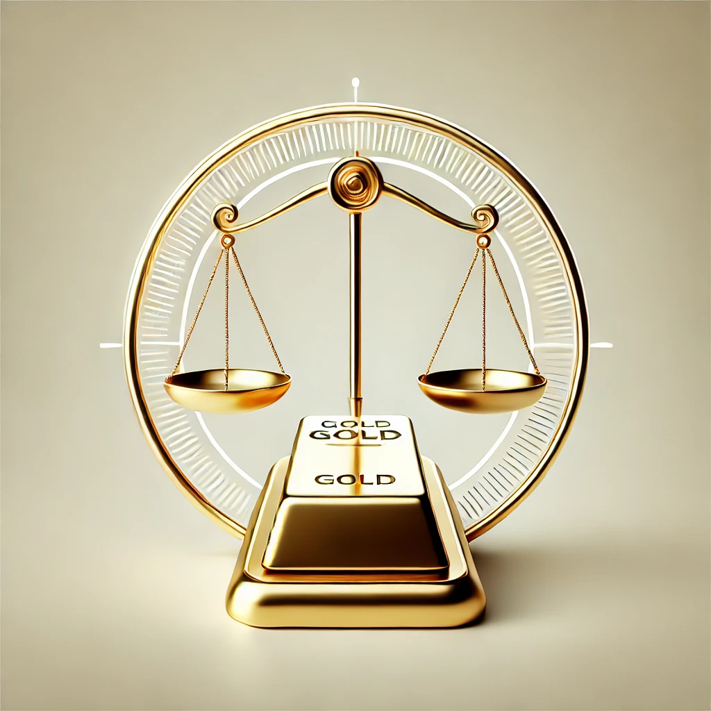 Ilustración minimalista de un lingote de oro brillante equilibrado en una balanza clásica, representando estabilidad y valor en el contexto del patrón oro. Fondo con degradado blanco a dorado para un diseño elegante y moderno.
