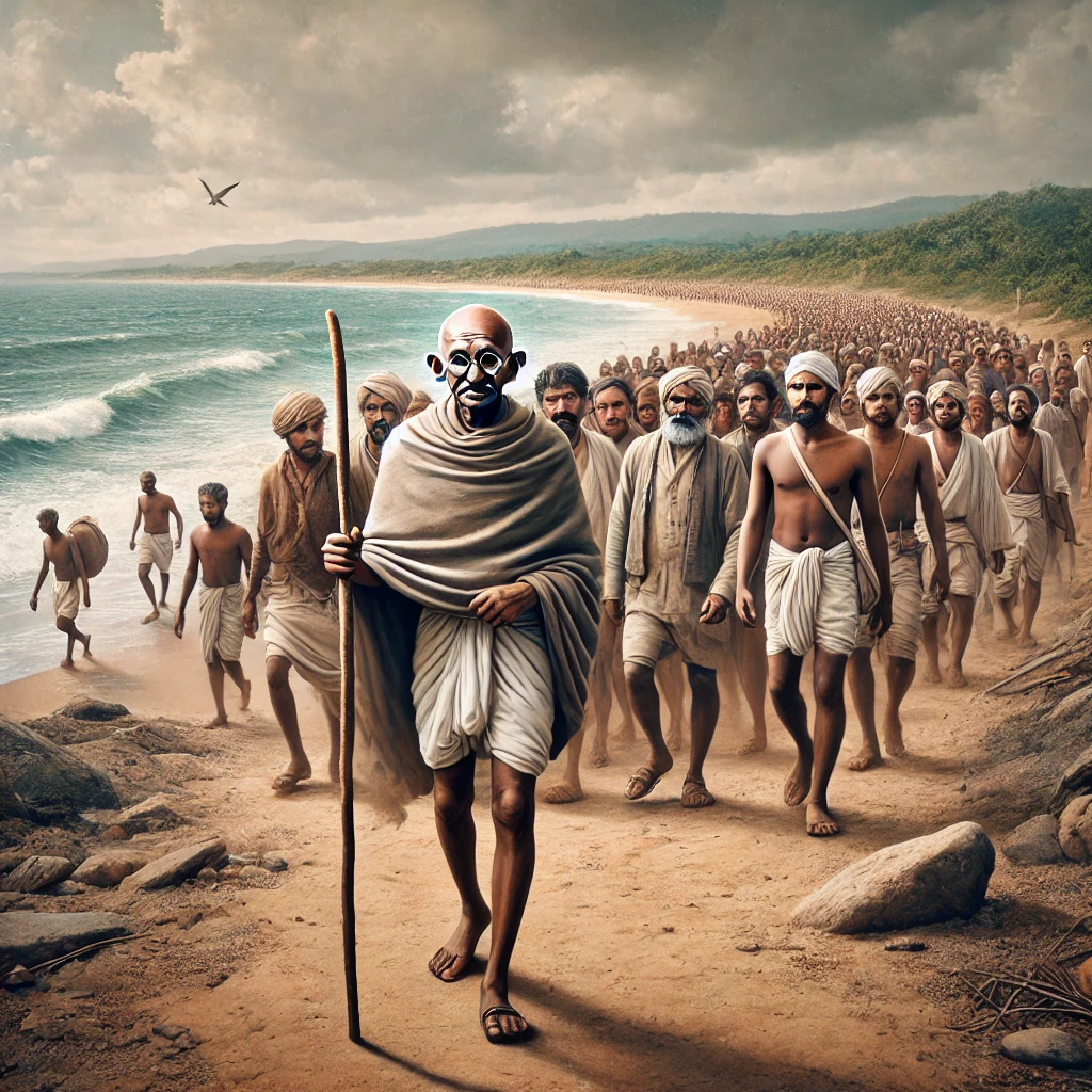 Inflación, impuestos y comisiones son los depredadores de tu dinero.: Imagen hiperrealista de la Marcha de la Sal liderada por Mahatma Gandhi en la India colonial. Gandhi, en atuendo tradicional y con un bastón, camina junto a sus seguidores por un sendero natural cercano a la costa, simbolizando el acto de desobediencia civil contra el impuesto a la sal.