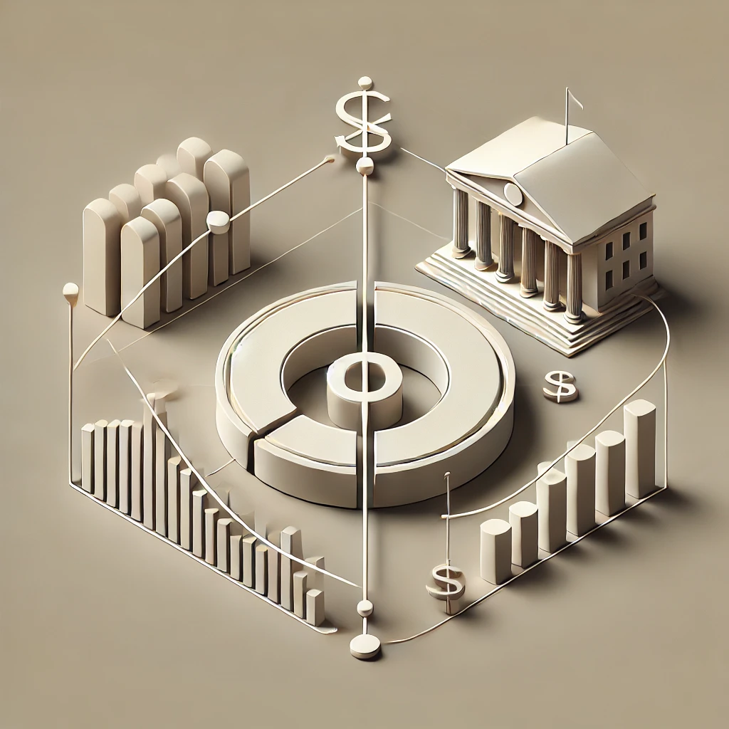 Diagrama conceptual y minimalista que representa la doble naturaleza del dinero como activo y pasivo. La imagen muestra un banco central y un banco comercial con un flujo abstracto de dinero entre ellos. El diseño es limpio, equilibrado y elegante, sin etiquetas de texto."